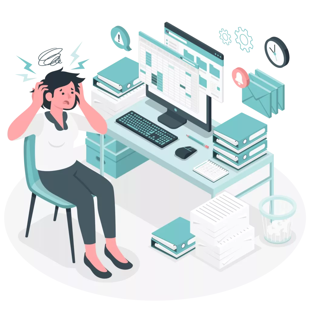 Illustration femme ayant du stress devant son bureau. Elle souffre de burn-out.