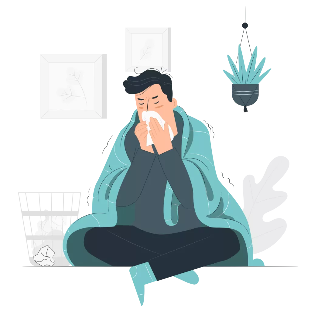 Un homme qui a des allergies et qui se mouche dans un mouchoir.