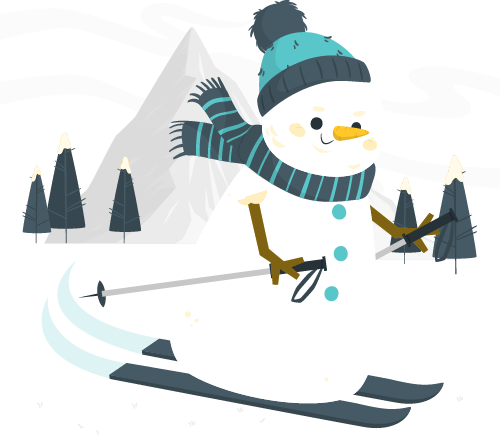 Conseils pour affronter l'hiver : image 2 : Un bonhomme de neige souriant dans un paysage hivernal, entouré de neige et de branches enneigées.