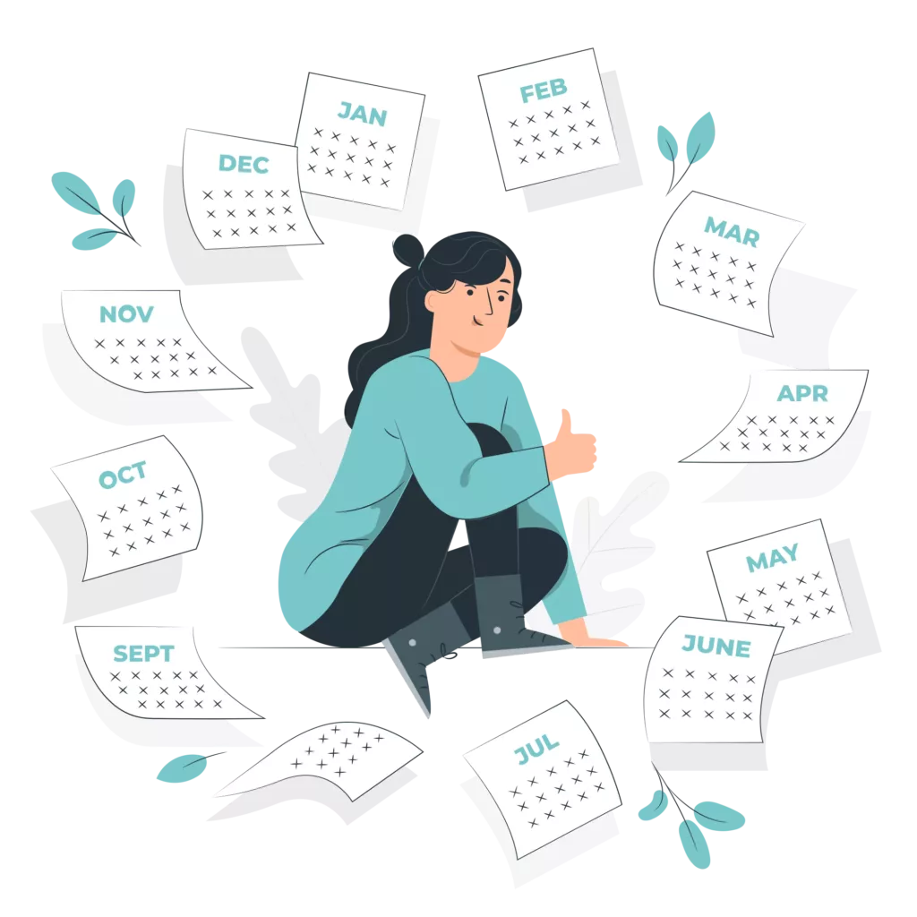 Une femme qui est organisée avec un calendrier tout autour d'elle.