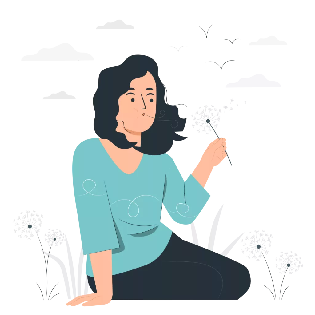 Une femme dans un champ avec des fleurs pour illustrer le repos, l'organisation.