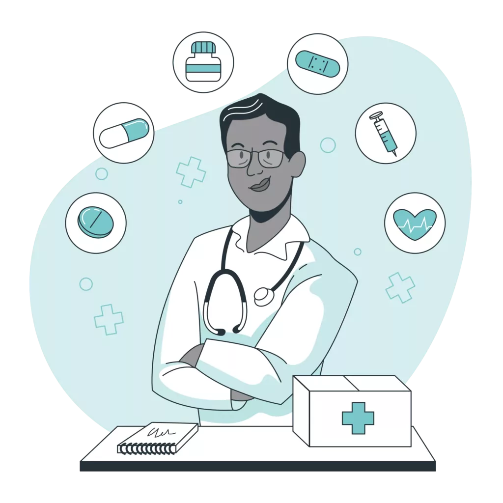 Illustration d'un médecin entouré de médicaments.