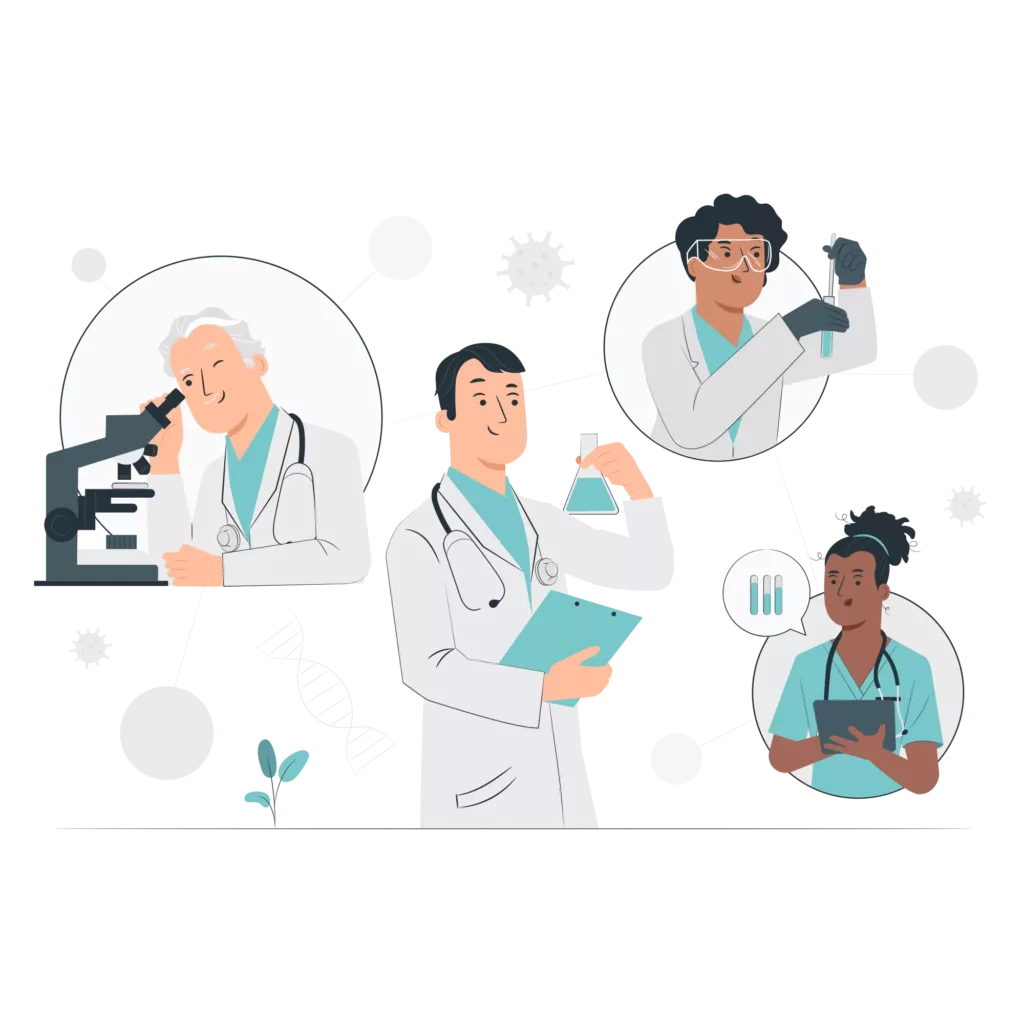 Illustration d'une équipe de chercheurs médical. Pour montrer la diversité des rôles du médecin généraliste, il y a quand même un travail de recherche pour faire un diagnostic précis.