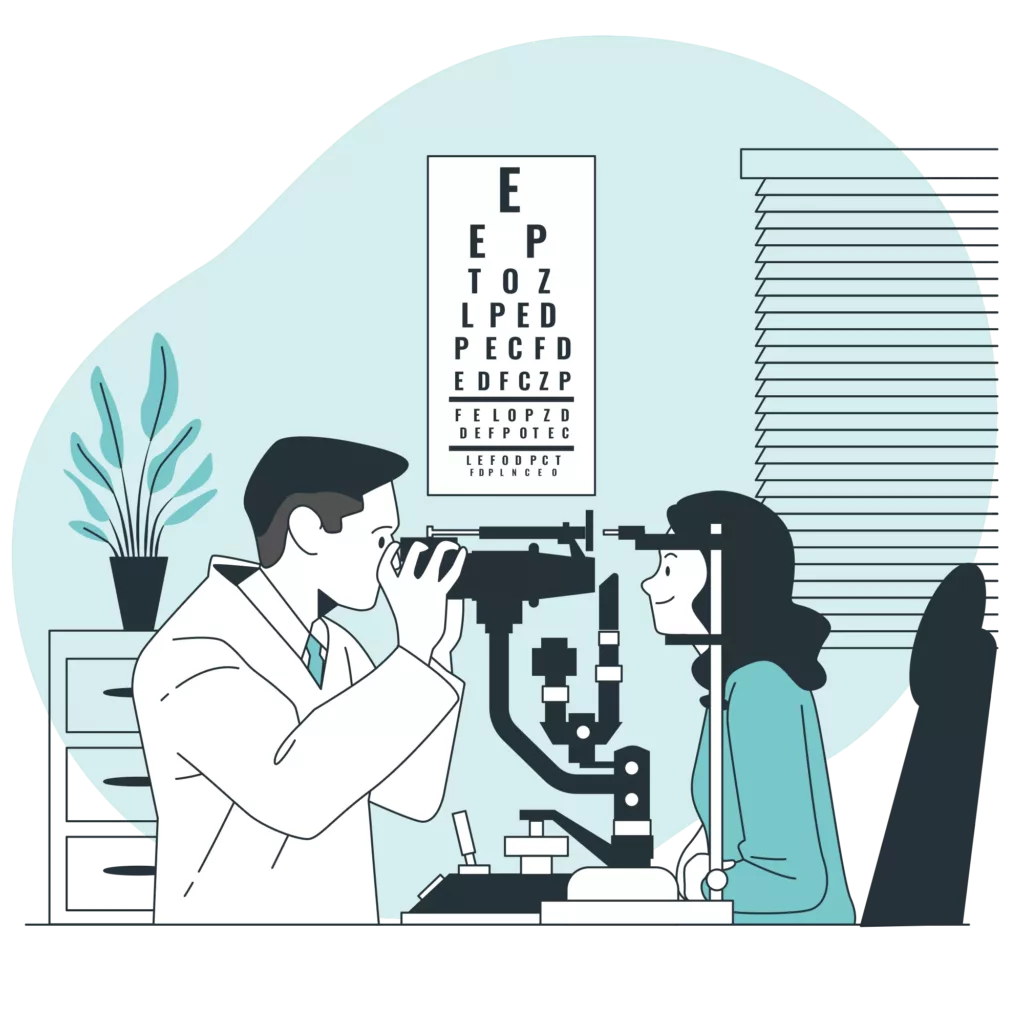 Illustration d'une séance d'analyse de l’œil en ophtalmologie.