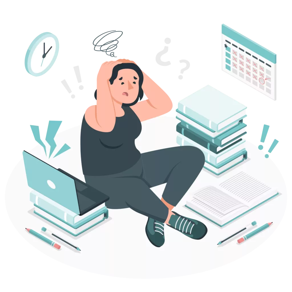 Illustration femme stressée par ses tâches. Tout autour d'elle, on y voit calendrier, ordinateur, classeurs et horloge.