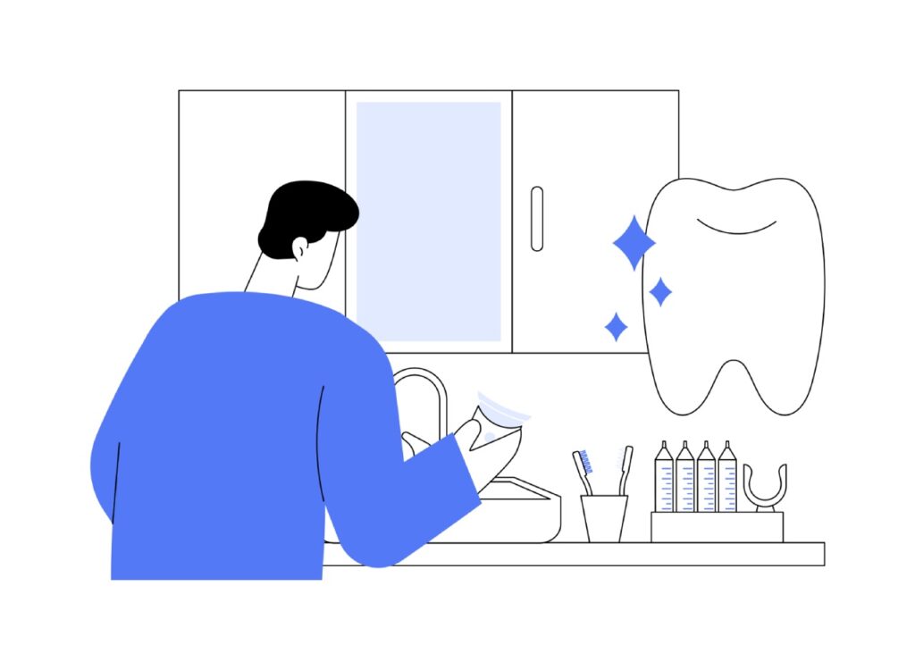 Illustration personne devant un miroir, symbolisant l'hygiène dentaire.