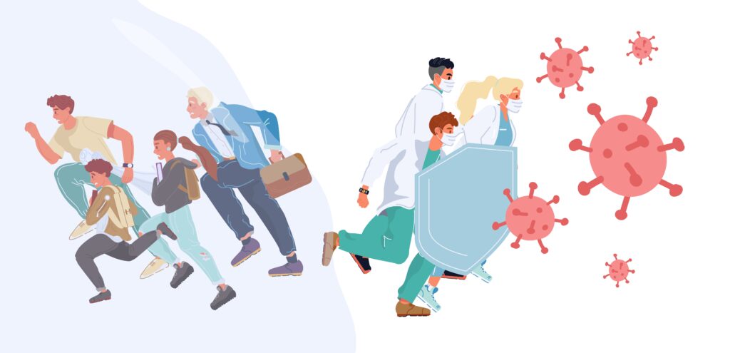 Illustration où l'on voit des spécialistes de la santé combattre des microbes pour les éloigner des travailleurs.