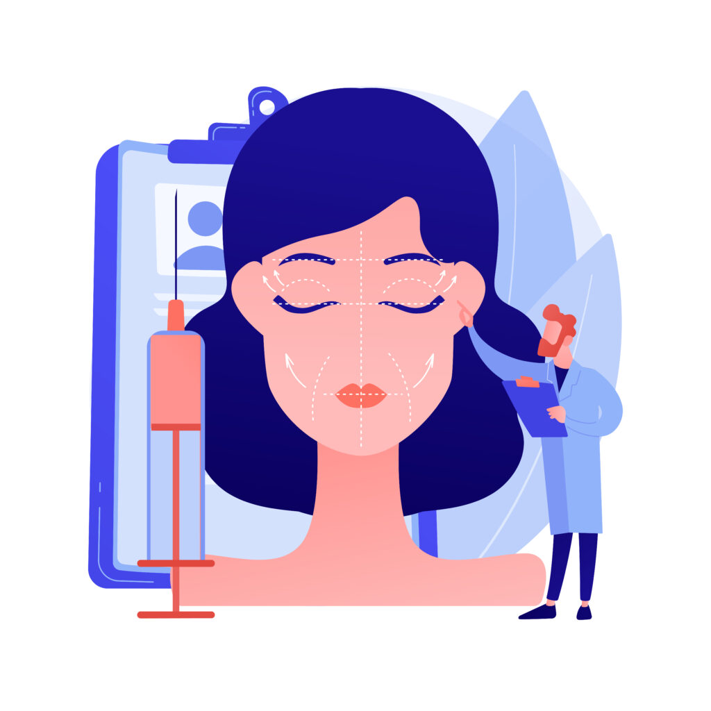 Dessin d'un visage d'une femme avec des traits pour la chirurgie esthétique.