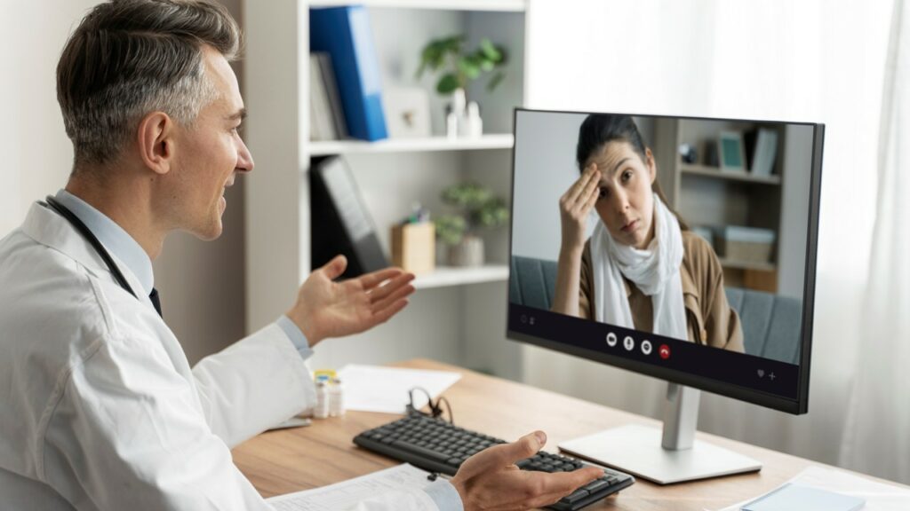 Illustration d'une téléconsultation médicale. On y voit un médecin parlant à une patiente via un ordinateur.